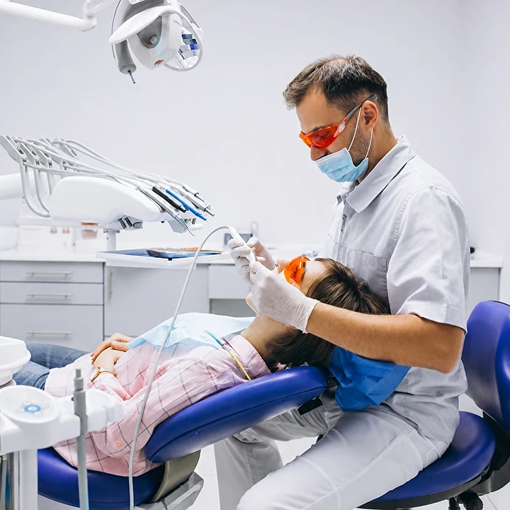 Dentista realizando atendimento odontológico em uma paciente no consultório