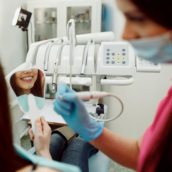Dra. Alice mostrando um modelo de dentes à paciente durante uma consulta odontológica